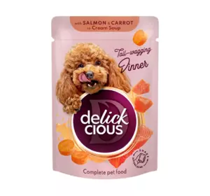 Вологий корм для дорослих собак Delickcious смужки з лососем та морквою в крем-супі, 85 г Вологий корм для дорослих собак Delickcious смужки з лососем та морквою в крем-супі, 85 г