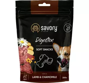М'які ласощі для собак Сейворі Savory для покращення травлення з ягням та ромашкою 200 г М'які ласощі для собак Сейворі Savory для покращення травлення з ягням та ромашкою 200 г