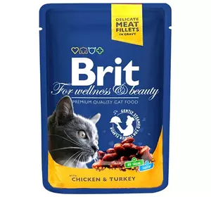 Brit Premium Cat (пауч) Шматочки в соусі з КУРКОЮ та ІНДИЧКОЮ для кішок / 100 гр