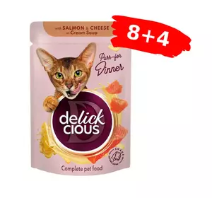 Вологий корм для дорослих котів Делікшес Delickcious смужки з лососем та сиром в крем-супі, Акція 8+4 (12 шт × 85 г) Вологий корм для дорослих котів Делікшес Delickcious смужки з лососем та сиром в крем-супі, Акція 8+4 (12 шт × 85 г)