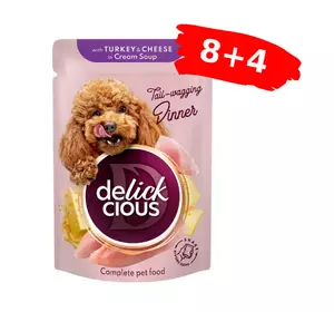 Вологий корм для дорослих собак Delickcious смужки з індичкою та сиром в крем-супі, Акція 8+4 (12 шт × 85 г) Вологий корм для дорослих собак Delickcious смужки з індичкою та сиром в крем-супі, Акція 8+4 (12 шт × 85 г)