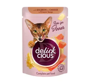 Вологий корм для дорослих котів Делікшес Delickcious смужки з лососем та сиром в крем-супі, 85 г Вологий корм для дорослих котів Делікшес Delickcious смужки з лососем та сиром в крем-супі, 85 г