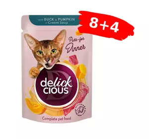 Вологий корм для дорослих котів Делікшес Delickcious смужки з качкою та гарбузом в крем-супі, Акція 8+4 (12 шт × 85 г) Вологий корм для дорослих котів Делікшес Delickcious смужки з качкою та гарбузом в крем-супі, Акція 8+4 (12 шт × 85 г)