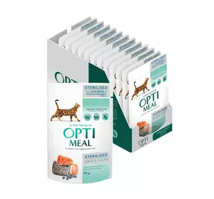 Вологий корм для стерилізованих/кастрованих котів Оптіміл Optimeal з лососем та чорницею в желе (блок 12 шт x 85 г) Вологий корм для стерилізованих/кастрованих котів Оптіміл Optimeal з лососем та чорницею в желе (блок 12 шт x 85 г)