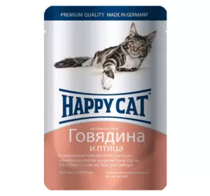 Консервований (вологий) корм Happy Cat із яловичиною та птицею для кішок (шматочки в соусі), 100 г
