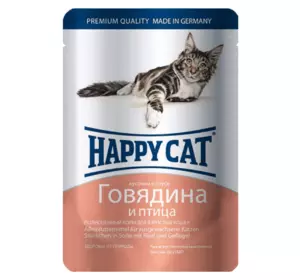 Консервований (вологий) корм Happy Cat із яловичиною та птицею для кішок (шматочки в соусі), 100 г Консервований (вологий) корм Happy Cat із яловичиною та птицею для кішок (шматочки в соусі), 100 г