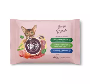 Набір №3 вологого корму для дорослих котів Делікшес Delickcious (4 шт - 4 різних смаки), 340 г Набір №3 вологого корму для дорослих котів Делікшес Delickcious (4 шт - 4 різних смаки), 340 г