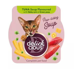 Повноцінний корм для дорослих котів Делікшес Delickcious суп з тунця з кукурудзою та зеленим горошком, 80 г Повноцінний корм для дорослих котів Делікшес Delickcious суп з тунця з кукурудзою та зеленим горошком, 80 г