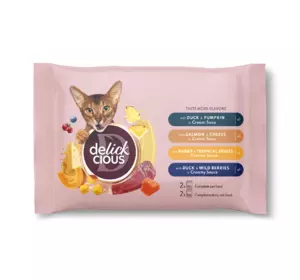 Набір №2 вологого корму для дорослих котів Делікшес Delickcious (4 шт - 4 різних смаки), 330 г Набір №2 вологого корму для дорослих котів Делікшес Delickcious (4 шт - 4 різних смаки), 330 г