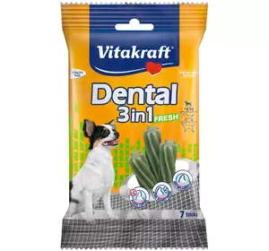Ласощі для собак вагою до 5 кг Вітакрафт Vitakraft Dental Stick 3in1 FRESH смачні палички для догляду за зубами з м’ятою, 70 г Ласощі для собак вагою до 5 кг Вітакрафт Vitakraft Dental Stick 3in1 FRESH смачні палички для догляду за зубами з м’ятою, 70 г