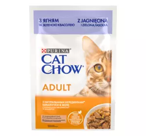Вологий корм Cat Chow Adult для дорослих кішок з ягням та зеленою квасолею, ніжні шматочки в желе, 85 г Вологий корм Cat Chow Adult для дорослих кішок з ягням та зеленою квасолею, ніжні шматочки в желе, 85 г