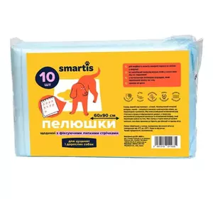 Пелюшки щоденні з фіксуючими липкими стрічками 60х90см 58.5г/5г (10шт) Smartis Пелюшки щоденні з фіксуючими липкими стрічками 60х90см 58.5г/5г (10шт) Smartis