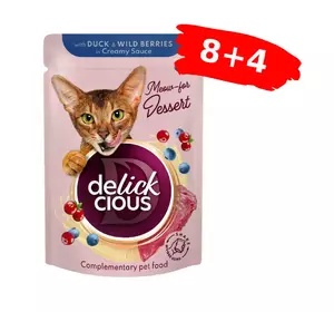 Вологий корм для котів Делікшес Delickcious пластівці з качкою та лісовими ягодами у вершковому соусі, Акція 8+4 (12 шт × 80 г) Вологий корм для котів Делікшес Delickcious пластівці з качкою та лісовими ягодами у вершковому соусі, Акція 8+4 (12 шт × 80 г)