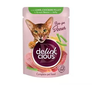 Вологий корм для дорослих котів Делікшес Delickcious шматочки з ягнятиною, курячим філе і спаржею в желе, 85 г Вологий корм для дорослих котів Делікшес Delickcious шматочки з ягнятиною, курячим філе і спаржею в желе, 85 г