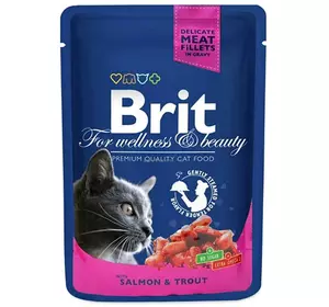 Brit Premium Cat (пауч) Шматочки в соусі з ЛОСОСЕМ і ФОРЕЛЛЮ для кішок / 100 гр